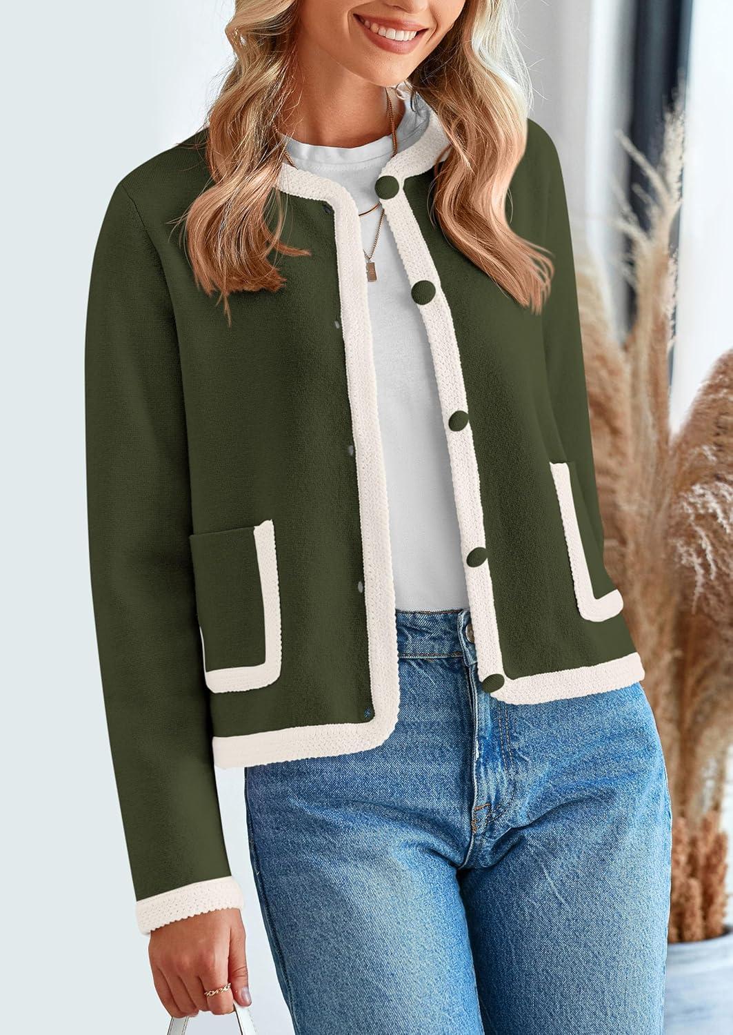 imagePRETTYGARDEN Womens Winter Trendy Button Down Open Front Cardigan Sweaters Knit Color Block Jackets Fall Fashion Clothes Army GreenMedium