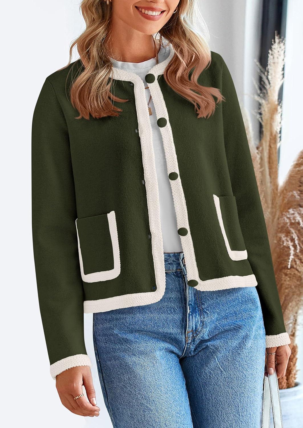 imagePRETTYGARDEN Womens Winter Trendy Button Down Open Front Cardigan Sweaters Knit Color Block Jackets Fall Fashion Clothes Army GreenMedium