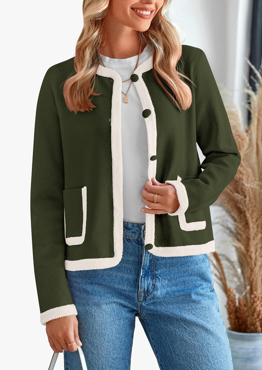 imagePRETTYGARDEN Womens Winter Trendy Button Down Open Front Cardigan Sweaters Knit Color Block Jackets Fall Fashion Clothes Army GreenMedium