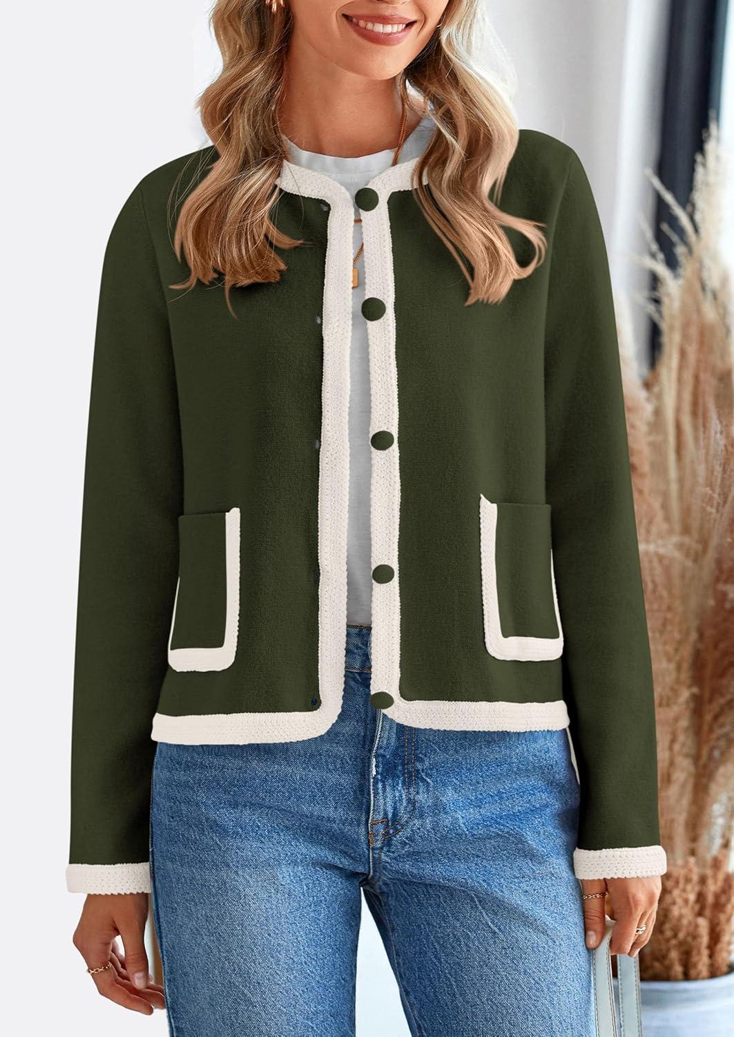 imagePRETTYGARDEN Womens Winter Trendy Button Down Open Front Cardigan Sweaters Knit Color Block Jackets Fall Fashion Clothes Army GreenMedium