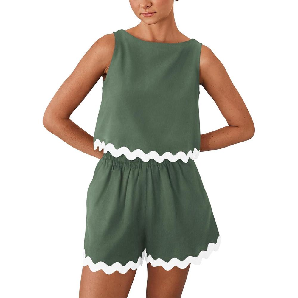 imagePRETTYGARDEN Womens 2 Piece Beach Vacation Outfits Casual Cropped Tank Top High Waist Shorts Set Tracksuit