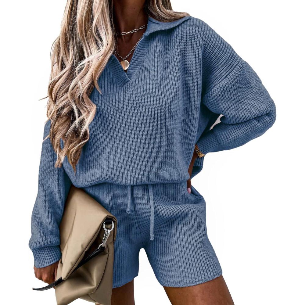 imagePRETTYGARDEN Womens 2 Piece Outfits 2024 Winter Long Sleeve V Neck Knit Pullover And Shorts Sweater Tracksuit Sets Grey BlueMedium