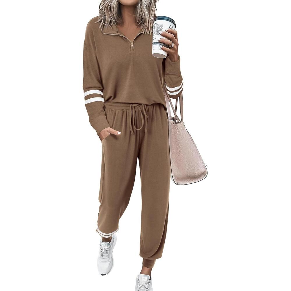 imagePRETTYGARDEN Womens 2 Piece Outfits Fall Fashion 2024 Striped 14 Zip Pullover Tops Long Sweatpants Tracksuit Sets Dark KhakiMedium
