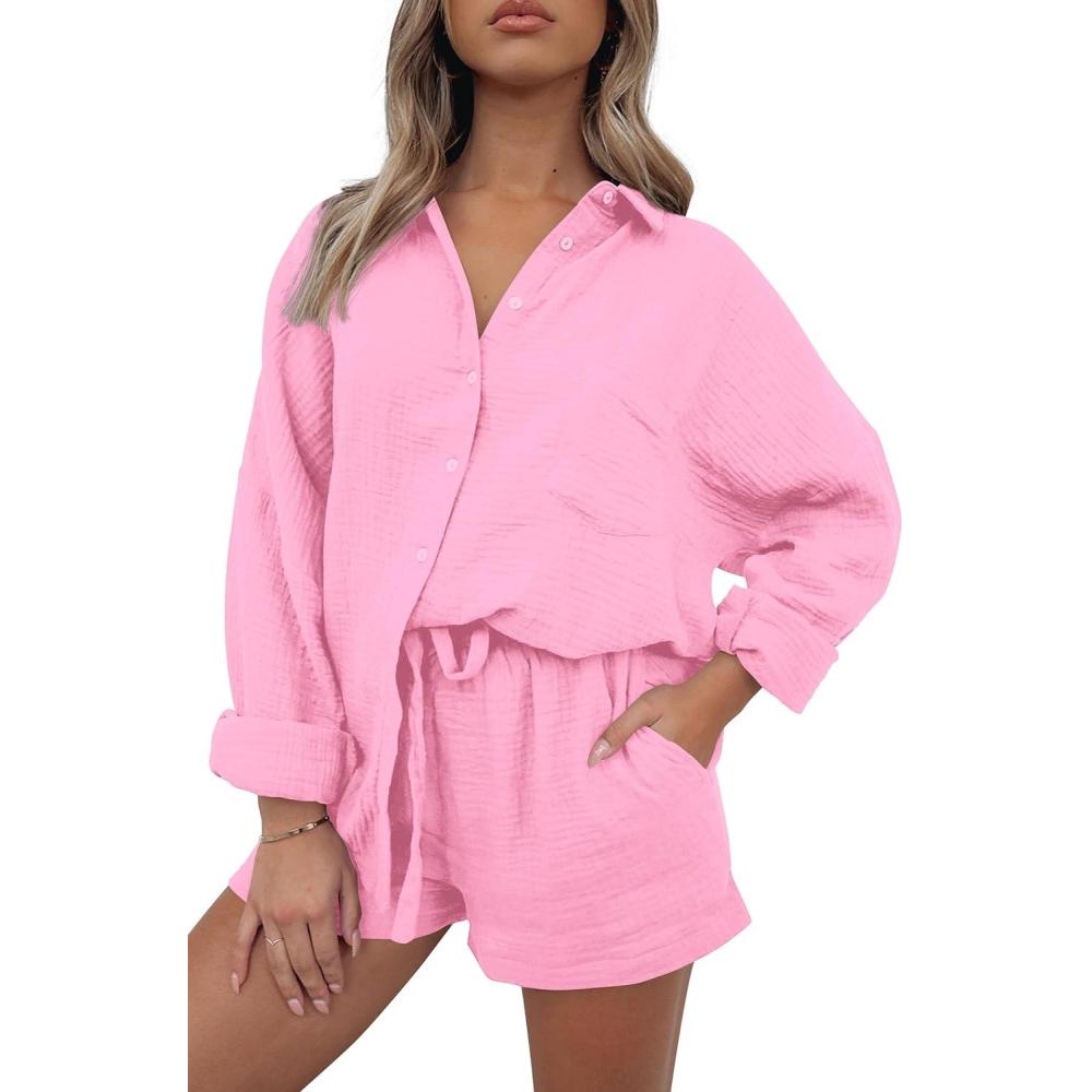 imagePRETTYGARDEN Womens 2 Piece Tracksuit Outfit Long Sleeve Blouse High Waisted Drawstring Shorts Loungewear Set PinkMedium