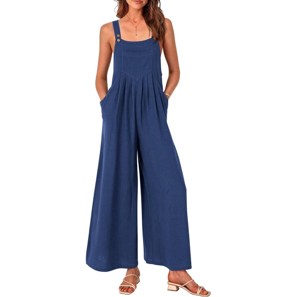 imagePRETTYGARDEN Womens Bib Overalls Casual Summer Sleeveless Strap Loose Wide Leg Jumpsuits with Pockets Denim BlueLarge PR401