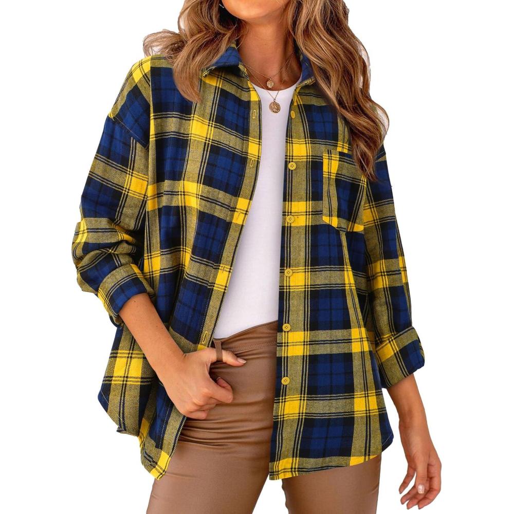 imagePRETTYGARDEN Womens Fall Long Sleeve Button Down Plaid Shirts Collared Loose Fit Cotton Casual Lightweight Shackets Blouses