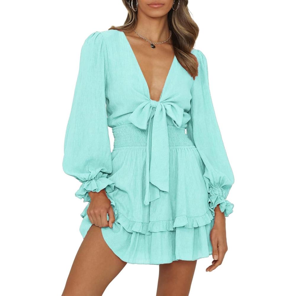 imagePRETTYGARDEN Womens Short ALine Flare Dress Knot Front Long Sleeve V Neck Tiered Ruffle Swing Mini Skater Dresses Light GreenLarge