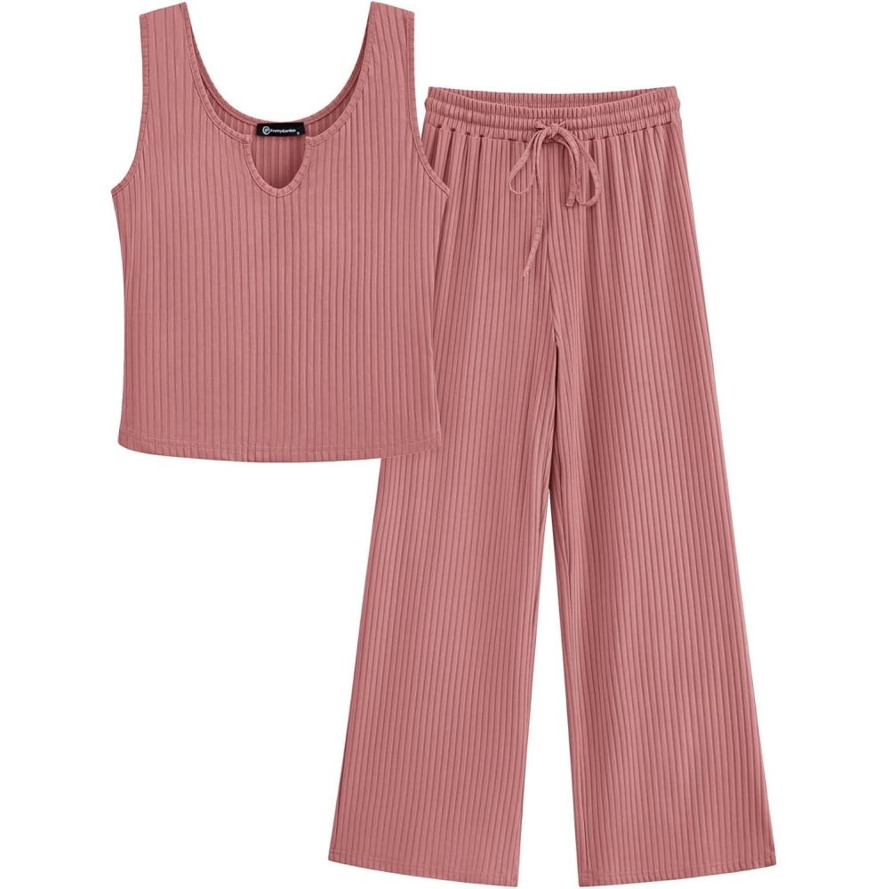 imagePRETTYGARDEN Womens Summer Casual Two Piece Outfits Sweatsuits Tank Scoop Neck Ribbed Knit Long Pants Tracksuits