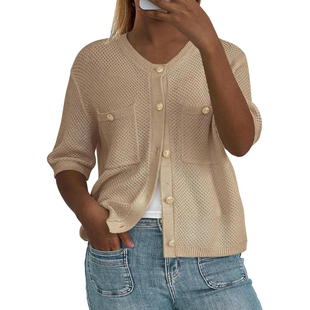 imagePRETTYGARDEN Womens Summer Knit Blouse Top Casual Crewneck Button Down Short Sleeve Cardigan Pocket T Shirts KhakiMedium