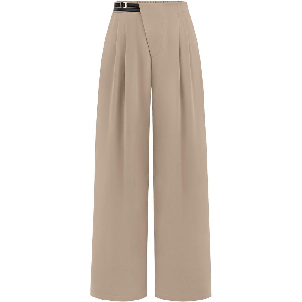 imagePRETTYGARDEN Womens Wide Leg Dressy Pants High Waisted Fashion Business Casual Work Office Trousers Palazzo PantLight Khaki