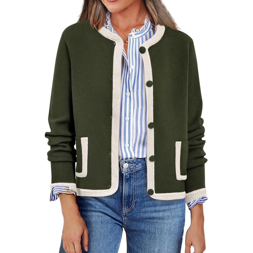 imagePRETTYGARDEN Womens Winter Trendy Button Down Open Front Cardigan Sweaters Knit Color Block Jackets Fall Fashion Clothes Army GreenMedium