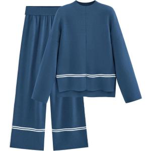 PRETTYGARDEN Women’s 2 Piece Lounge Sets 2024 Winter Travel Outfits Long Sleeve Pullover Sweater Wide Leg Pants Tracksuits (Blue,Medium)
