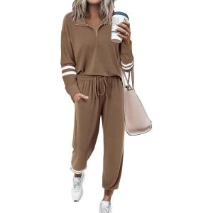 PRETTYGARDEN Women’s 2 Piece Outfits Fall Fashion 2024 Striped 1/4 Zip Pullover Tops Long Sweatpants Tracksuit Sets (Dark Khaki,Medium)