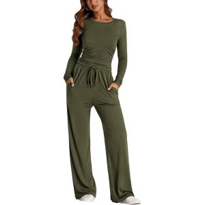 PRETTYGARDEN Women’s 2 Piece Outfits Fall Tracksuits Long Sleeve Crop Tops Wide Leg Pants Spring Matching Lounge Travel Sets(Army Green)
