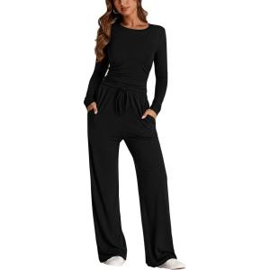 PRETTYGARDEN Women’s 2 Piece Outfits Fall Tracksuits Long Sleeve Crop Tops Wide Leg Pants Spring Matching Lounge Travel Sets(Black)