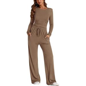 PRETTYGARDEN Women’s 2 Piece Outfits Fall Tracksuits Long Sleeve Crop Tops Wide Leg Pants Spring Matching Lounge Travel Sets(Camel)