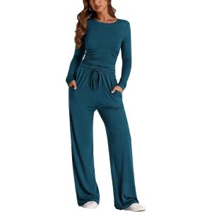 PRETTYGARDEN Women’s 2 Piece Outfits Fall Tracksuits Long Sleeve Crop Tops Wide Leg Pants Spring Matching Lounge Travel Sets(Dark Blue)