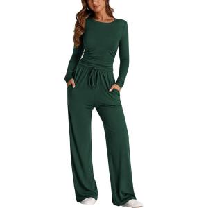 PRETTYGARDEN Women’s 2 Piece Outfits Fall Tracksuits Long Sleeve Crop Tops Wide Leg Pants Spring Matching Lounge Travel Sets(Dark Green)