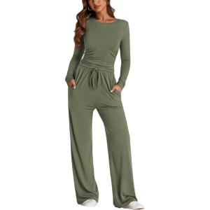 PRETTYGARDEN Women’s 2 Piece Outfits Fall Tracksuits Long Sleeve Crop Tops Wide Leg Pants Spring Matching Lounge Travel Sets(Light Army Green)