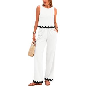 PRETTYGARDEN Women’s 2 Piece Outfits Smmer Casual Sleeveless Tank Crop Top Pants Sets Tracksuit(White)