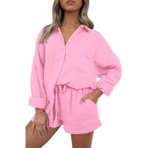 PRETTYGARDEN Women’s 2 Piece Tracksuit Outfit Long Sleeve Blouse High Waisted Drawstring Shorts Loungewear Set (Pink,Medium)