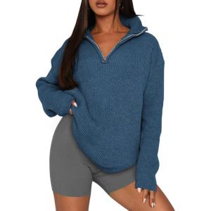 PRETTYGARDEN Women’s 2024 Fall Chunky Knit Oversized Sweaters Long Sleeve Collared Quarter Zip Pullover Winter Jumper Tops