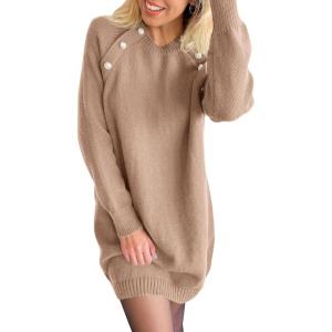 PRETTYGARDEN Women’s 2024 Fall Sweater Dress Crewneck Long Sleeve Oversized Pullover Sweaters Casual Knit Short Dresses (Khaki,Small)