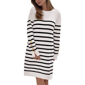 PRETTYGARDEN Womens 2024 Fall Sweater Dress Crewneck Long Sleeve Pullover Sweaters Casual Cute Loose Fit Knit Short Dresses (Striped White,Large)