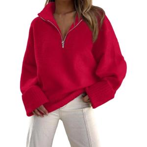 PRETTYGARDEN Women’s 2024 Winter Pullover Sweaters Long Sleeve 1/4 Zip Lapel Chunky Knit Blouse Tops