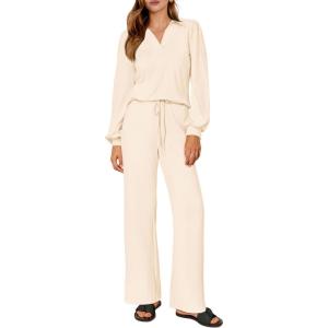 PRETTYGARDEN Womens Fall Clothes Two Piece Outfit Set Long Sleeve Lapel V Neck Tops Blouses Wide Leg Pants Ribbed Tracksuit