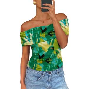 PRETTYGARDEN Women’s Off The Shoulder Short Sleeve Ruched Slim Fit Blouse(Floral Green)