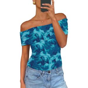 PRETTYGARDEN Women’s Off The Shoulder Short Sleeve Ruched Slim Fit Blouse(Floral Lake Blue)