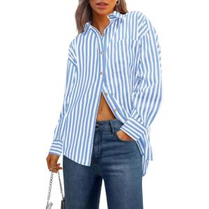 PRETTYGARDEN Womens Striped Button Down Shirt Spring 2025 Oversized Collared Long Sleeve Office Work Blouses Tops