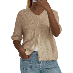 PRETTYGARDEN Women’s Summer Knit Blouse Top Casual Crewneck Button Down Short Sleeve Cardigan Pocket T Shirts (Khaki,Medium)