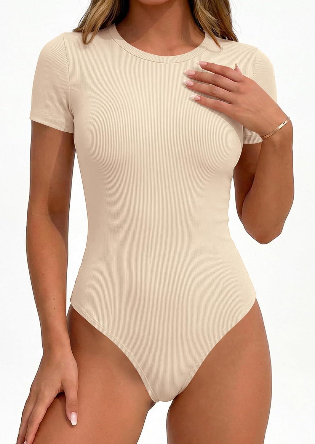 imagePRETTYGARDEN Body Suits for Womens Summer Tops 2026 Casual Short Sleeve Ribbed Fitted Basic Tee Shirts Spring Fashion ClothesBeige