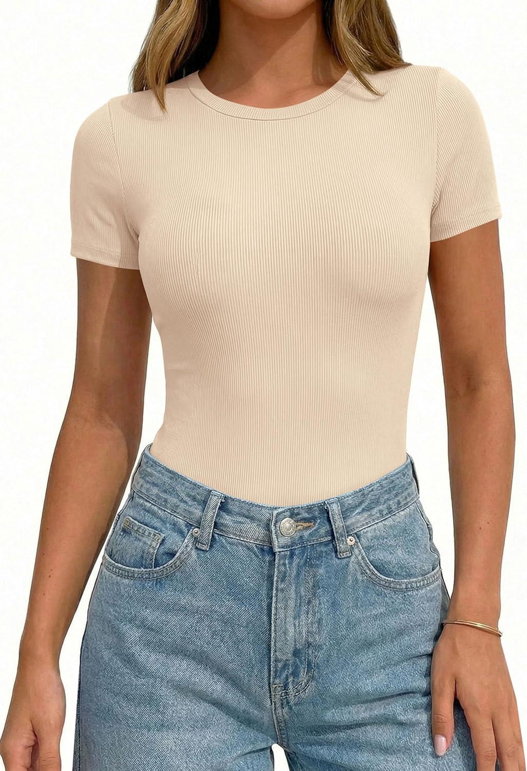 imagePRETTYGARDEN Body Suits for Womens Summer Tops 2026 Casual Short Sleeve Ribbed Fitted Basic Tee Shirts Spring Fashion ClothesBeige