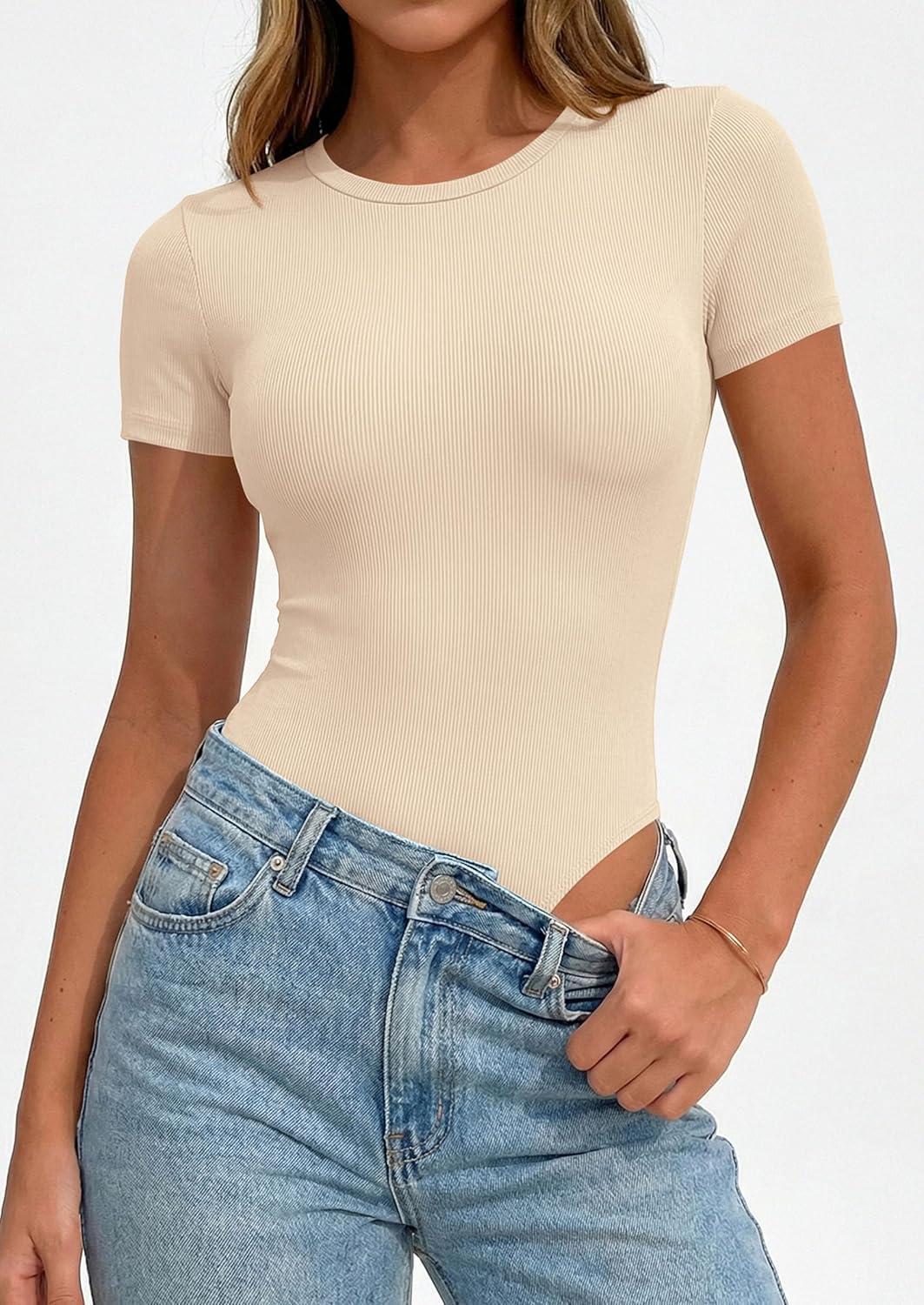 imagePRETTYGARDEN Body Suits for Womens Summer Tops 2026 Casual Short Sleeve Ribbed Fitted Basic Tee Shirts Spring Fashion ClothesBeige