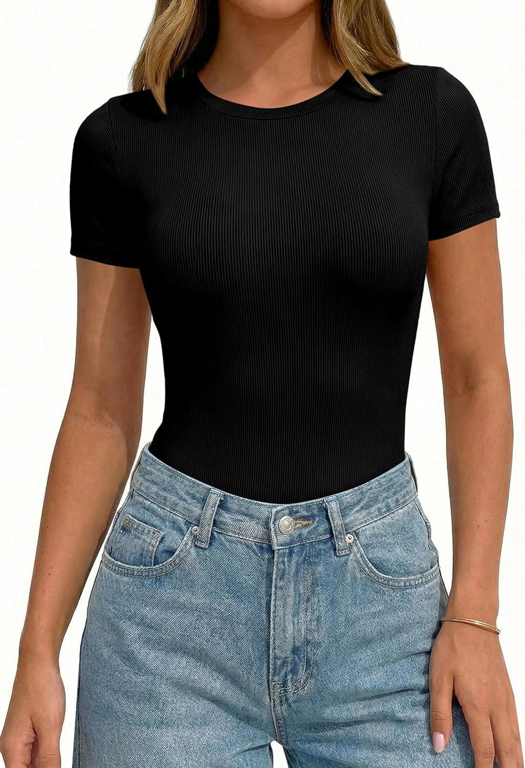 imagePRETTYGARDEN Body Suits for Womens Summer Tops 2026 Casual Short Sleeve Ribbed Fitted Basic Tee Shirts Spring Fashion ClothesBlack
