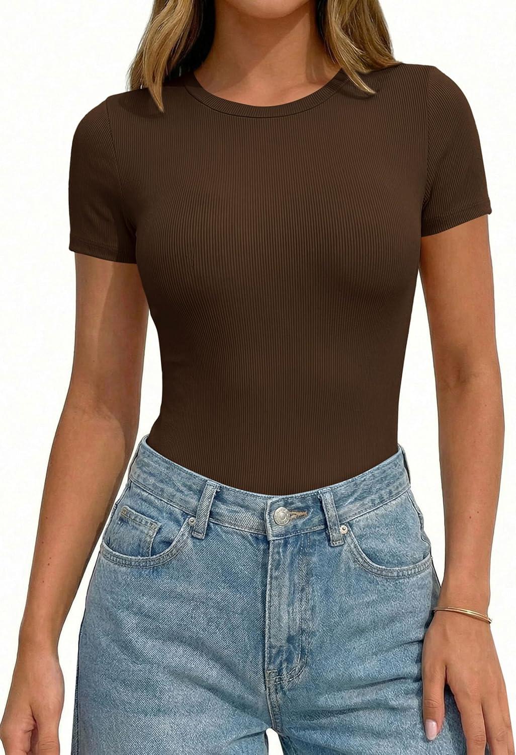 imagePRETTYGARDEN Body Suits for Womens Summer Tops 2026 Casual Short Sleeve Ribbed Fitted Basic Tee Shirts Spring Fashion ClothesBrown