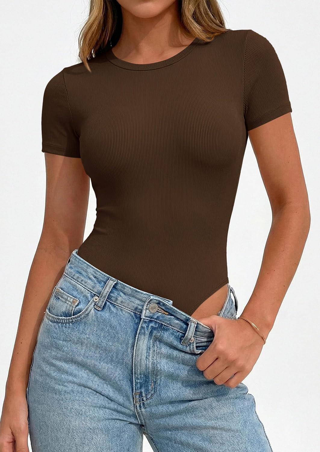 imagePRETTYGARDEN Body Suits for Womens Summer Tops 2026 Casual Short Sleeve Ribbed Fitted Basic Tee Shirts Spring Fashion ClothesBrown