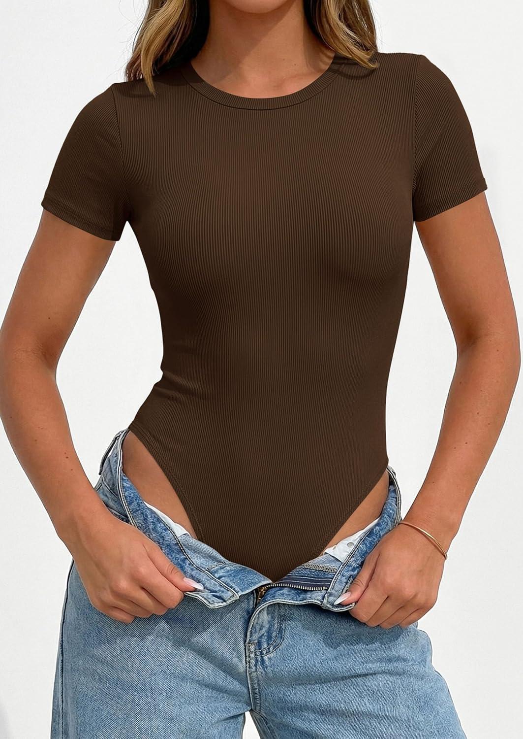 imagePRETTYGARDEN Body Suits for Womens Summer Tops 2026 Casual Short Sleeve Ribbed Fitted Basic Tee Shirts Spring Fashion ClothesBrown