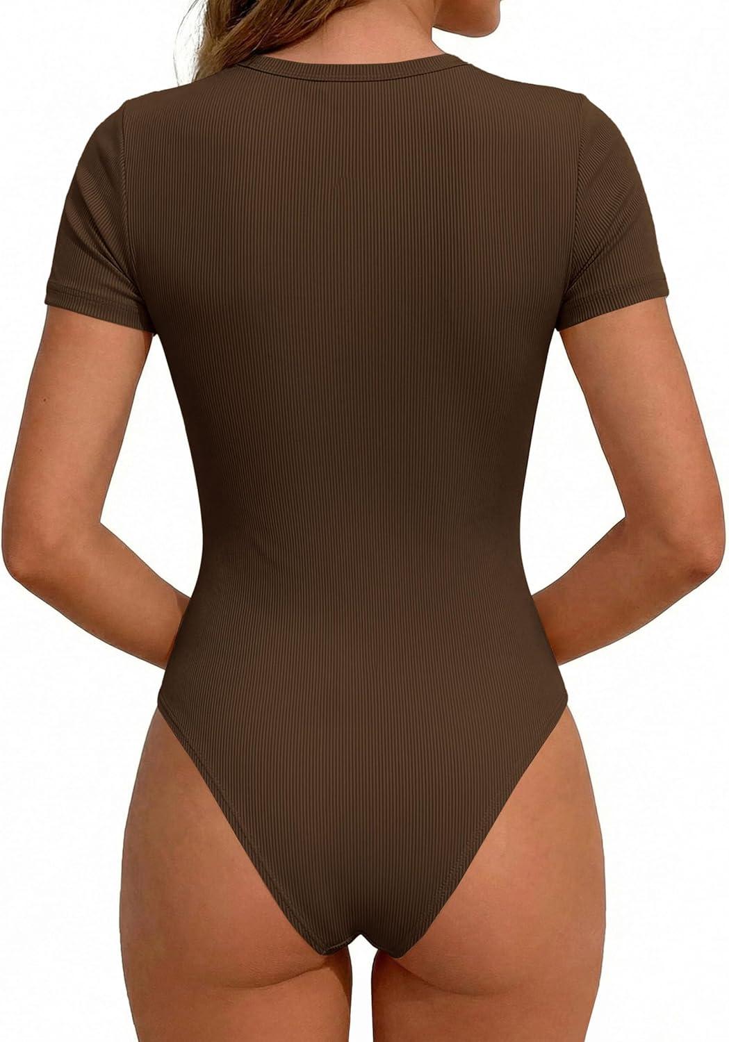 imagePRETTYGARDEN Body Suits for Womens Summer Tops 2026 Casual Short Sleeve Ribbed Fitted Basic Tee Shirts Spring Fashion ClothesBrown