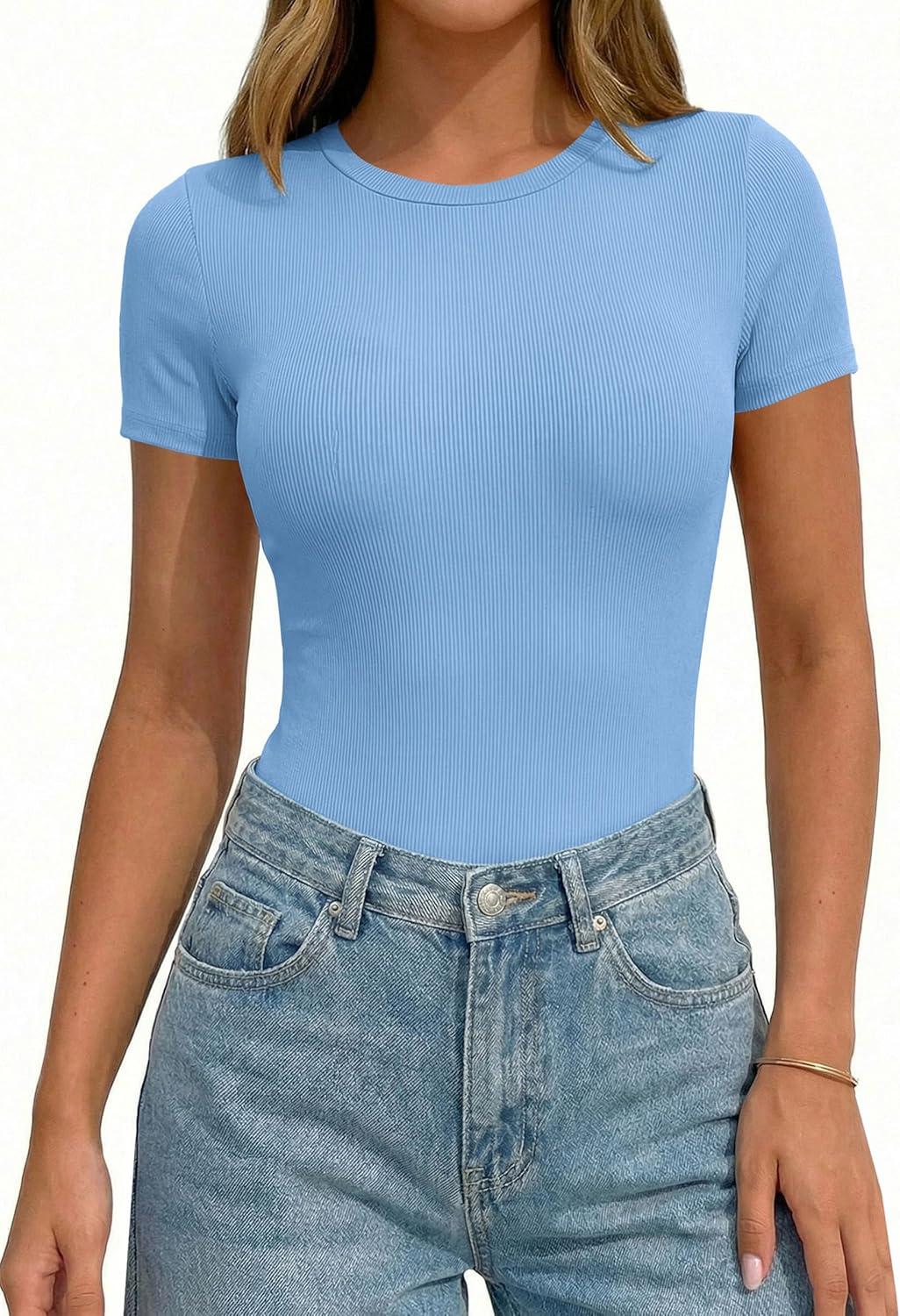 imagePRETTYGARDEN Body Suits for Womens Summer Tops 2026 Casual Short Sleeve Ribbed Fitted Basic Tee Shirts Spring Fashion ClothesLight Blue