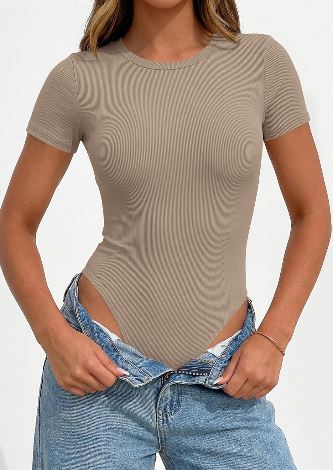 imagePRETTYGARDEN Body Suits for Womens Summer Tops 2026 Casual Short Sleeve Ribbed Fitted Basic Tee Shirts Spring Fashion ClothesLight Khaki