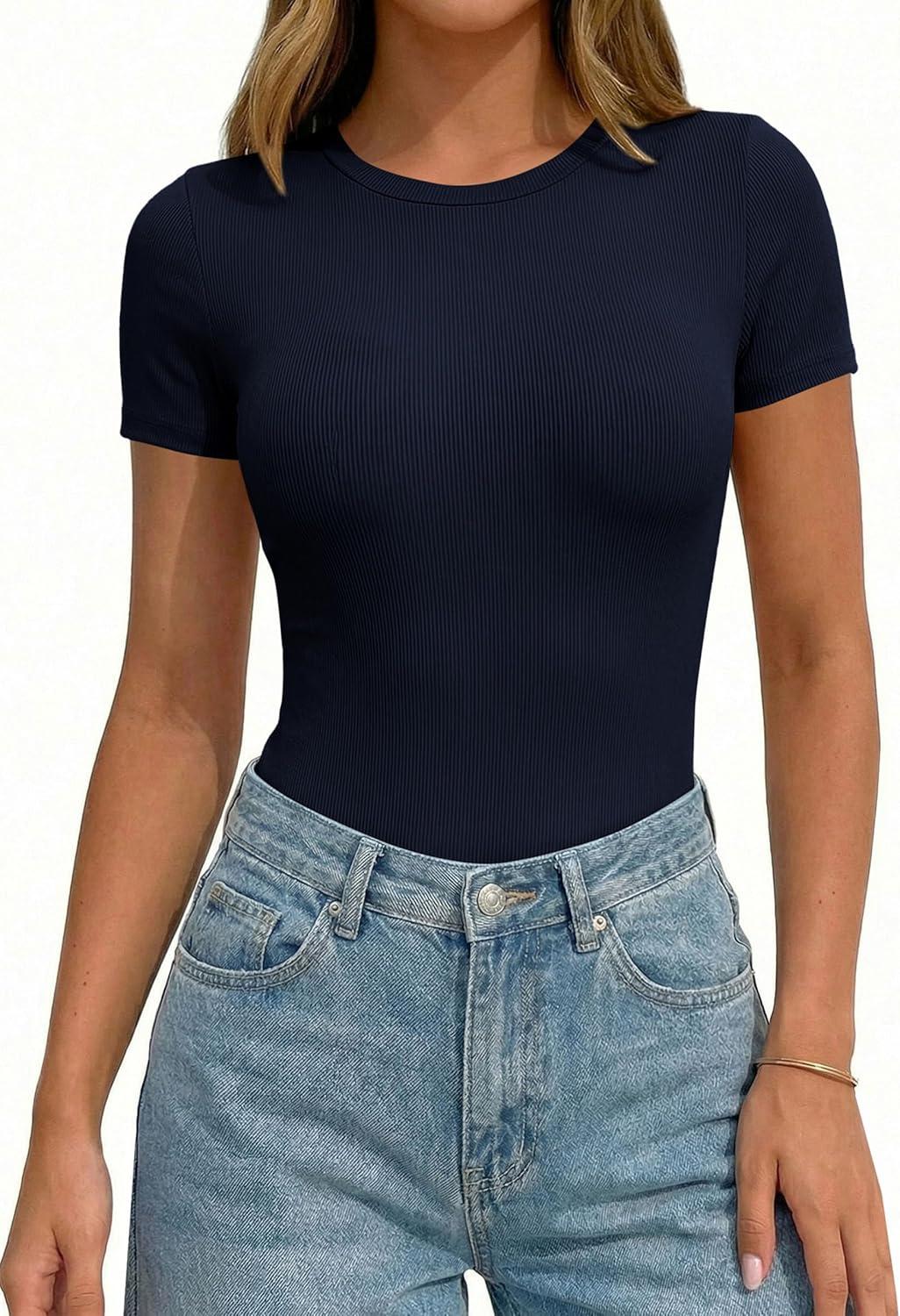 imagePRETTYGARDEN Body Suits for Womens Summer Tops 2026 Casual Short Sleeve Ribbed Fitted Basic Tee Shirts Spring Fashion ClothesNavy Blue