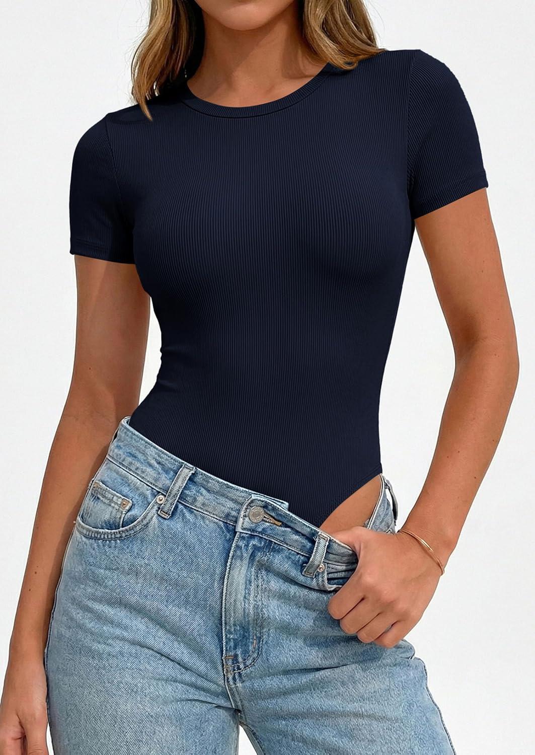 imagePRETTYGARDEN Body Suits for Womens Summer Tops 2026 Casual Short Sleeve Ribbed Fitted Basic Tee Shirts Spring Fashion ClothesNavy Blue