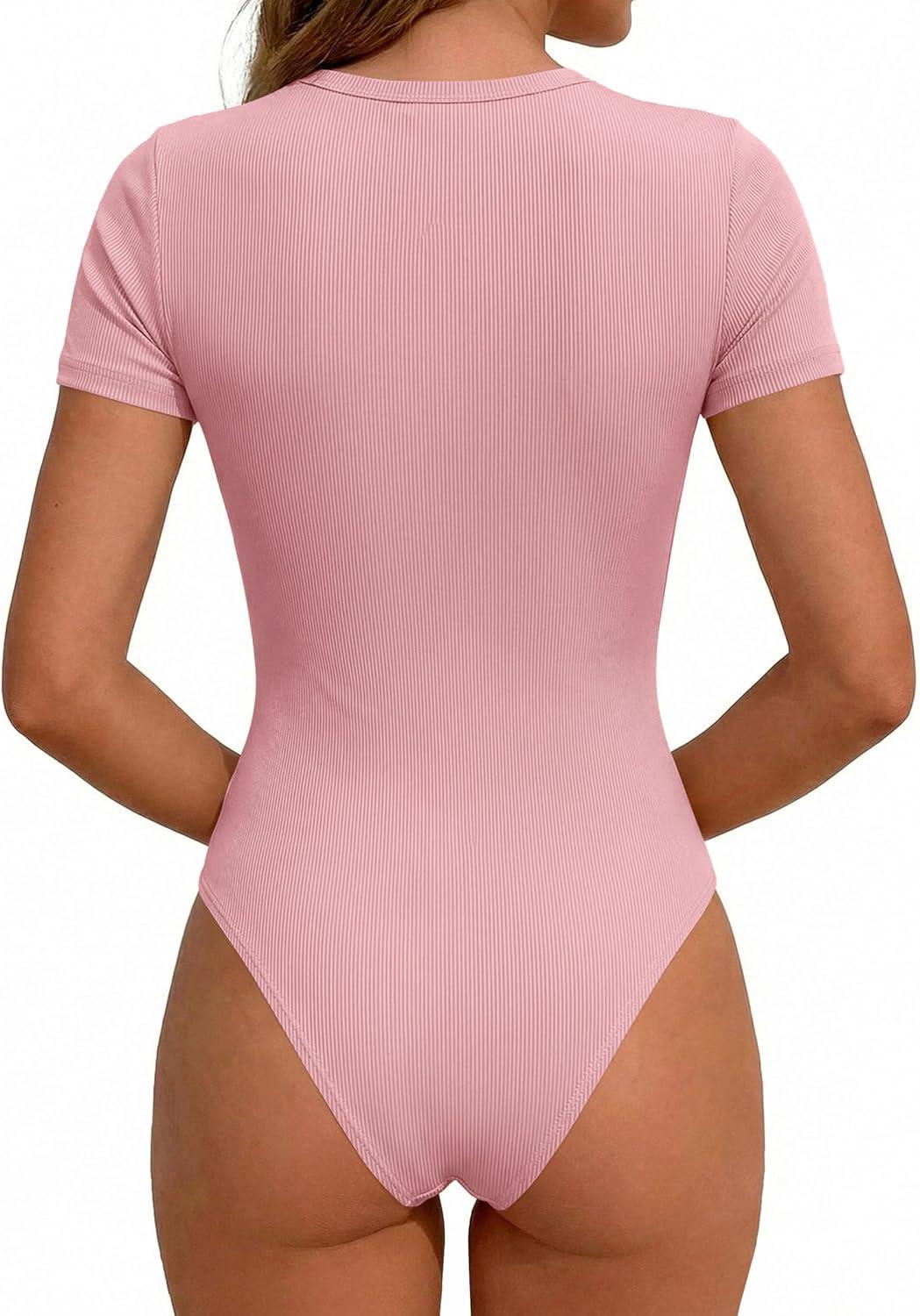 imagePRETTYGARDEN Body Suits for Womens Summer Tops 2026 Casual Short Sleeve Ribbed Fitted Basic Tee Shirts Spring Fashion ClothesPink