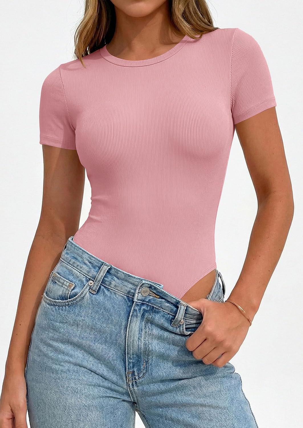 imagePRETTYGARDEN Body Suits for Womens Summer Tops 2026 Casual Short Sleeve Ribbed Fitted Basic Tee Shirts Spring Fashion ClothesPink