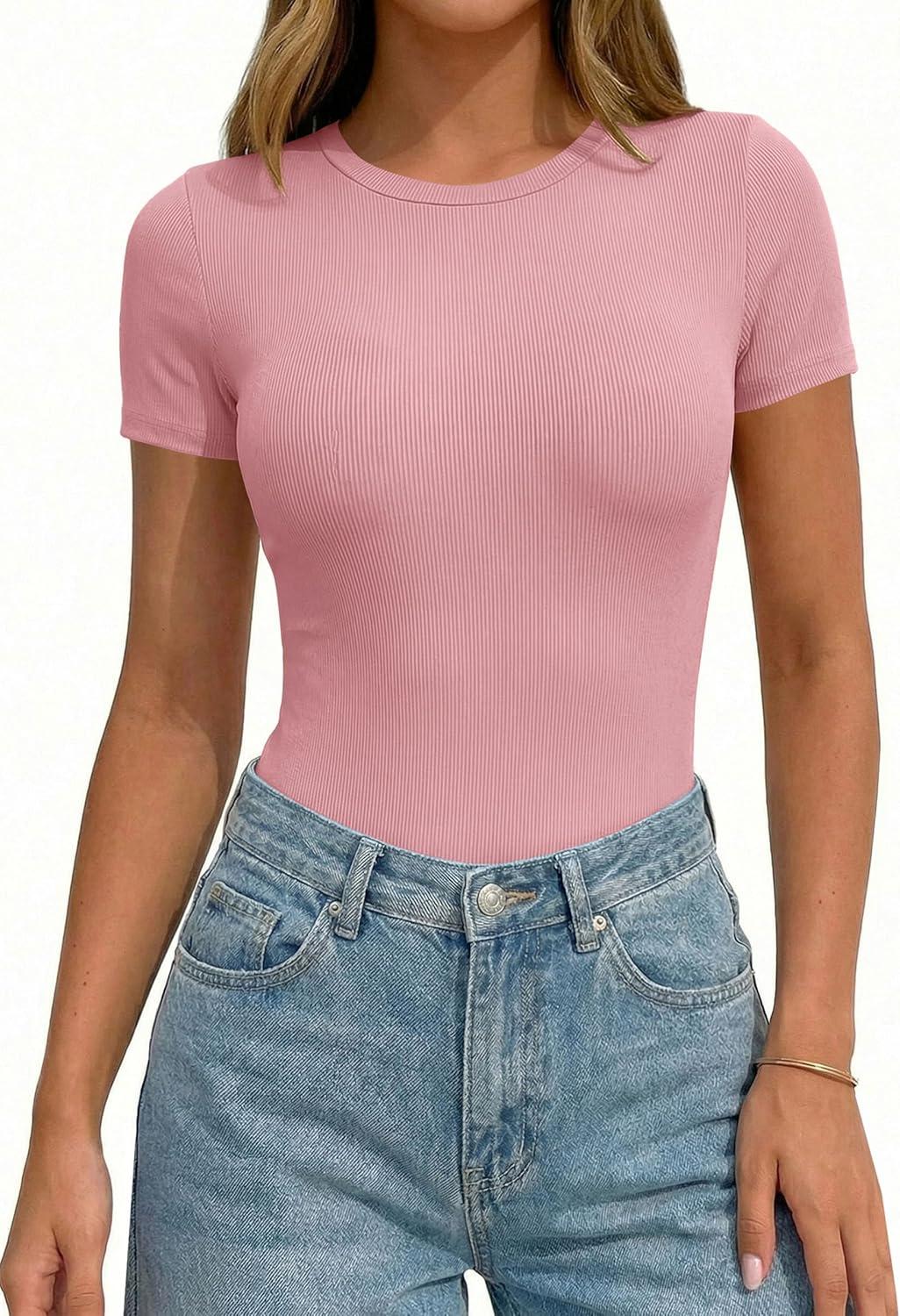 imagePRETTYGARDEN Body Suits for Womens Summer Tops 2026 Casual Short Sleeve Ribbed Fitted Basic Tee Shirts Spring Fashion ClothesPink