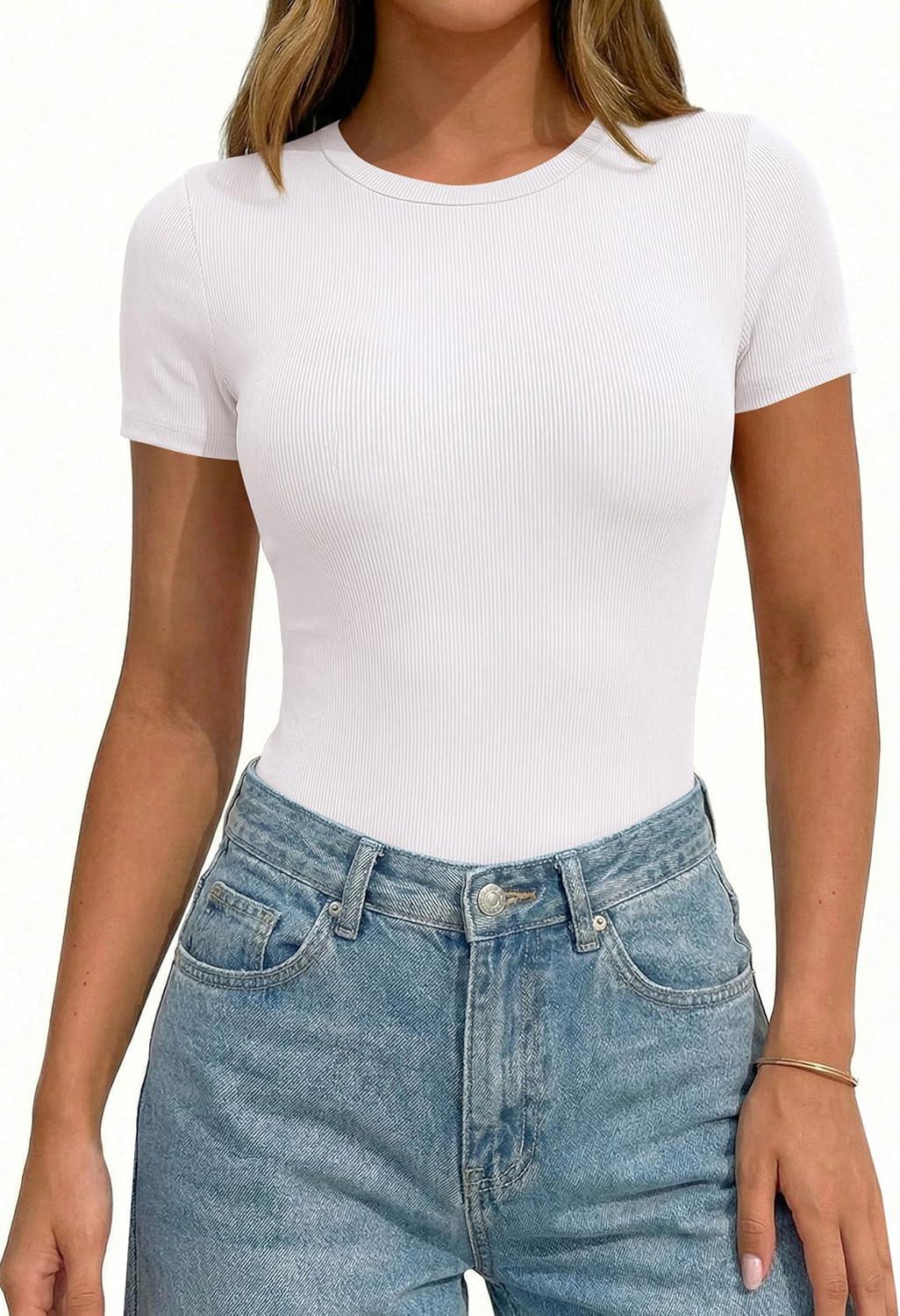 imagePRETTYGARDEN Body Suits for Womens Summer Tops 2026 Casual Short Sleeve Ribbed Fitted Basic Tee Shirts Spring Fashion ClothesWhite